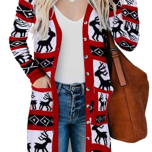 Sweaters - Red Christmas Element Print Long Cardigan